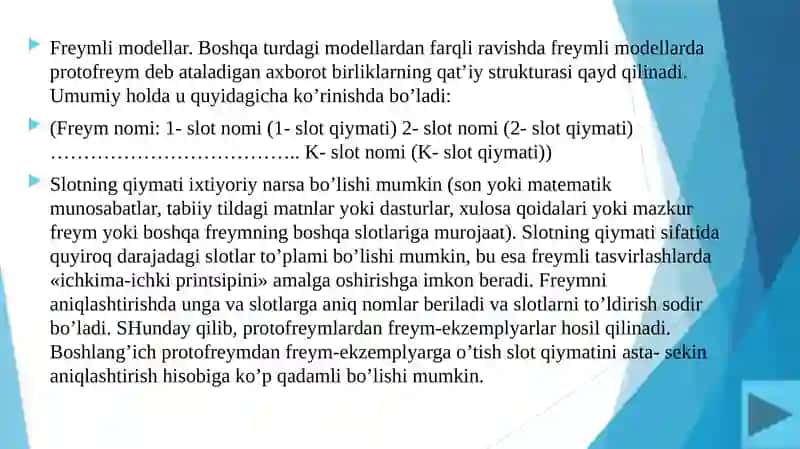 Bilimlarni tasvirlash modellari: freym mavzusi datayyorlagan 4