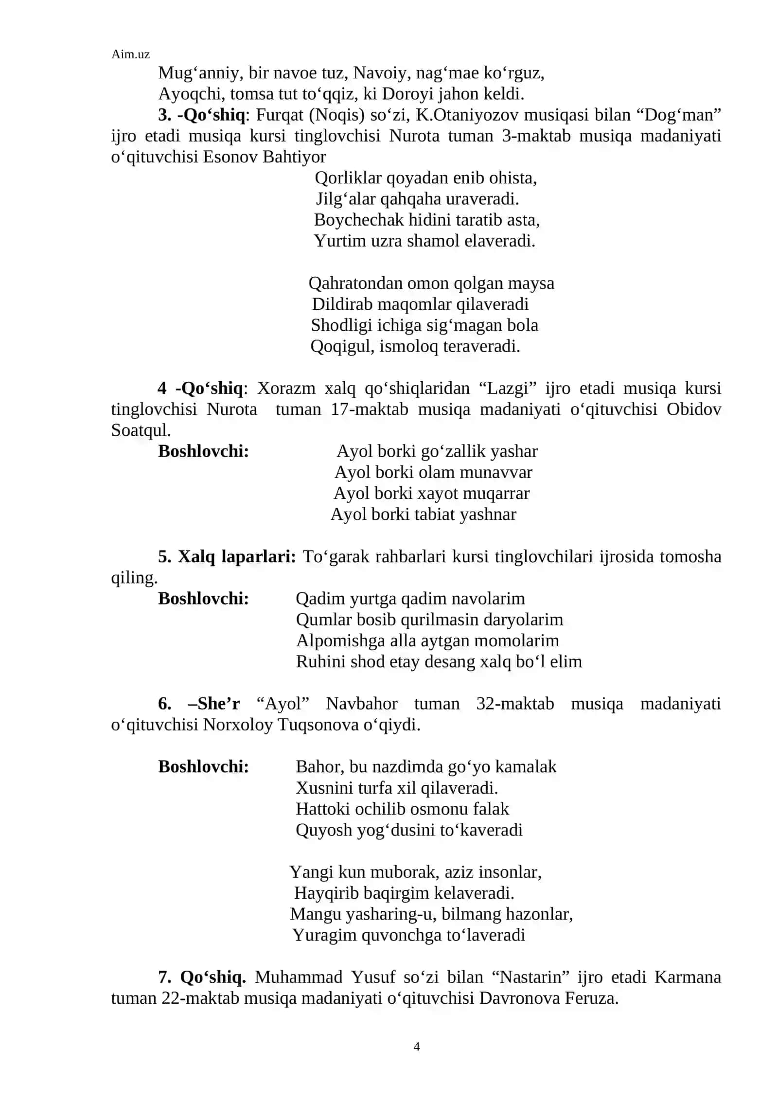 “AYOL BORKI OLAM MUNAVVAR” (8-mart “Xalqar xalqaro-xotin qizlar kuni” ga bag‘ishlab o‘tkazilgan tadbir ssеnariysi) 4