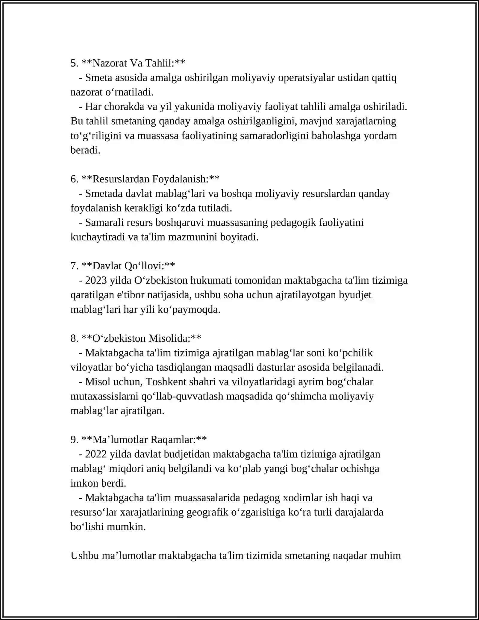"MAKTABGACHA TA'LIM MENEJMENTI BOYICHA SMETA DAVLAT MOLIYAVIY HUJJAT SIFATIDA" MAVZUSIDA 40BETLIK KURS ISHI 4