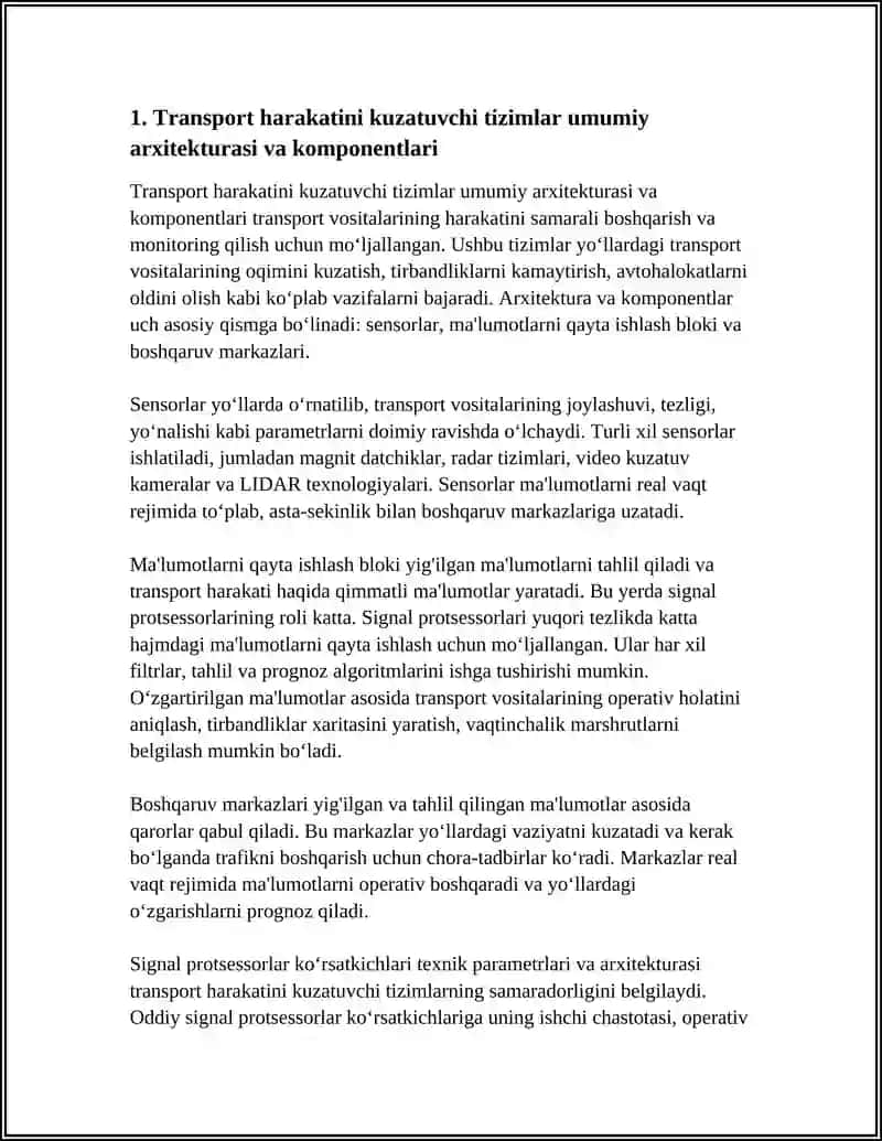 MUSTAQIL ISH.TRANSPORT XARAKATINI KUZATUVCHI TIZIMLARNI TUZILISHI VA U YERDA QO‘LLANILADIGAN SP TURLARI PARAMETRLARI VA ISHLASH TARTIBI 4