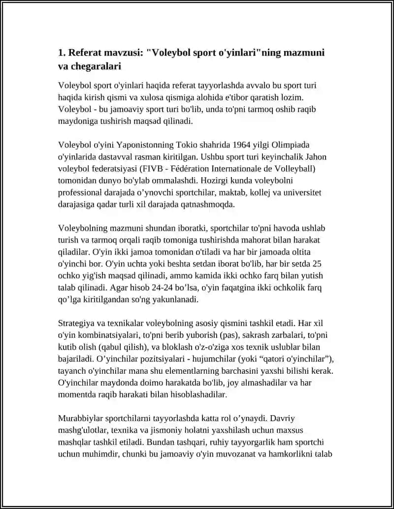 Voleybol sport o'yinlari haqida referat 4