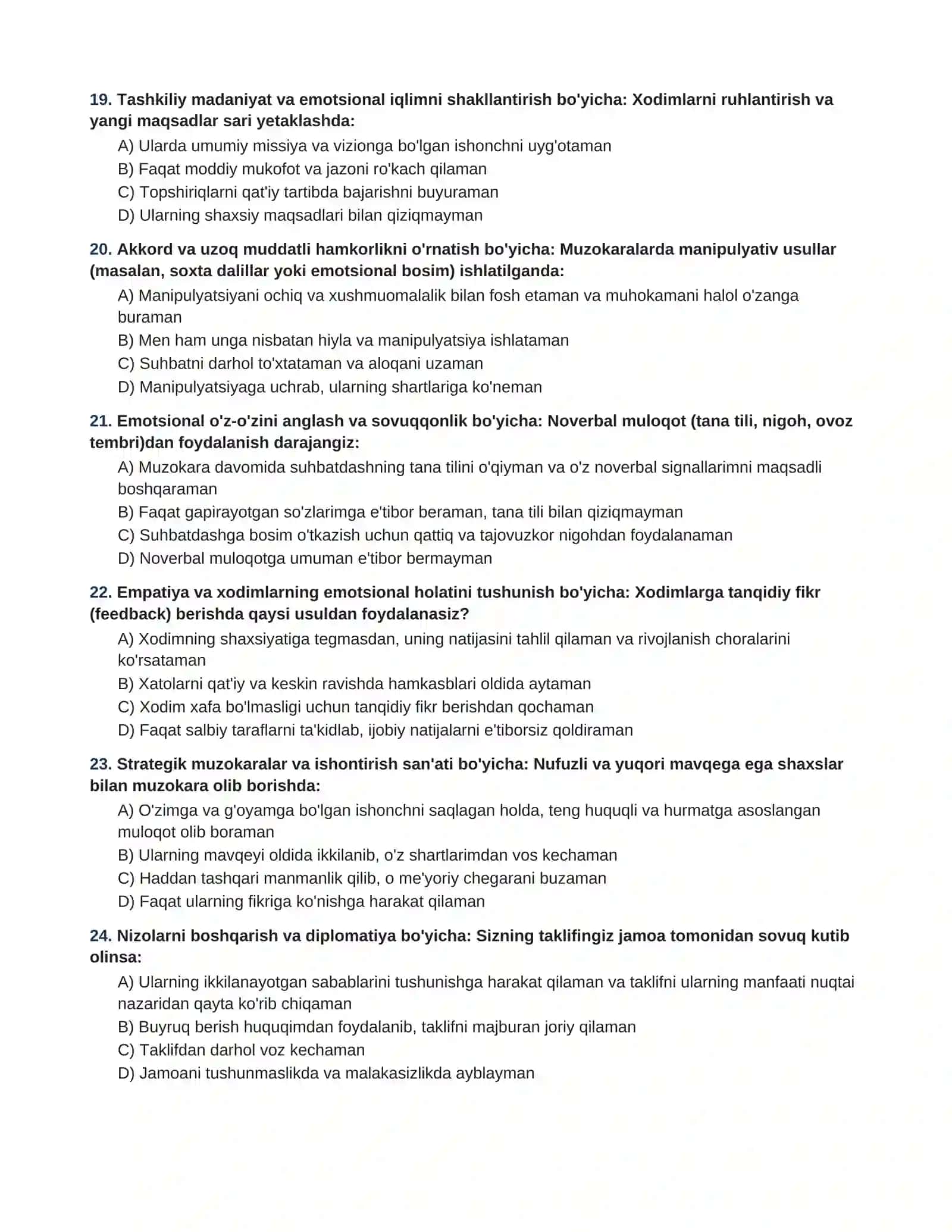 YUQORI BOʻGʻIN RAHBARLARI UCHUN EMOTSIONAL INTELLEKT (EQ) VA ISHONTIRISH SAN'ATI DIAGNOSTIK TESTI 4