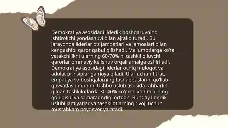 Avtoritar va demokratiya asosidahi liderlikning psixologik jihatlarini tahlil qilish 4