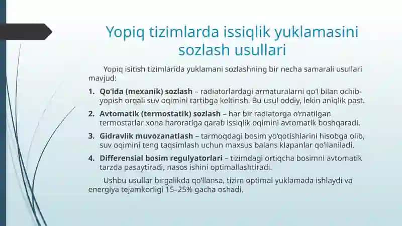 Yopiq tizimlarni isitish yuklamasi bo'yicha sozlash 4