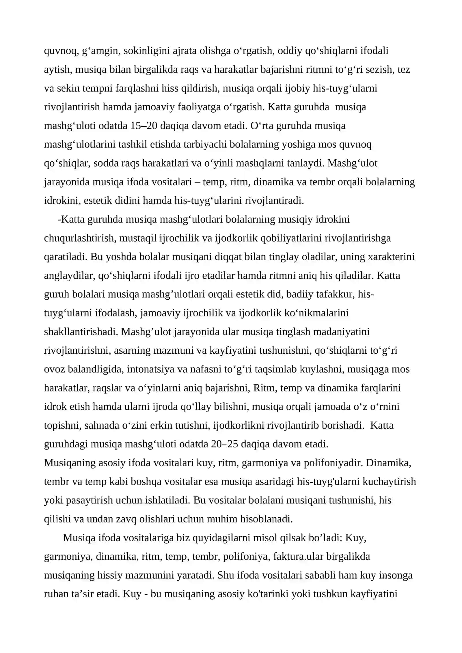 Maktabgacha ta’lim tashkilotlarida musiqa mashg’ulotlarini rejalashtirish, musiqa ifoda vositalari. 4
