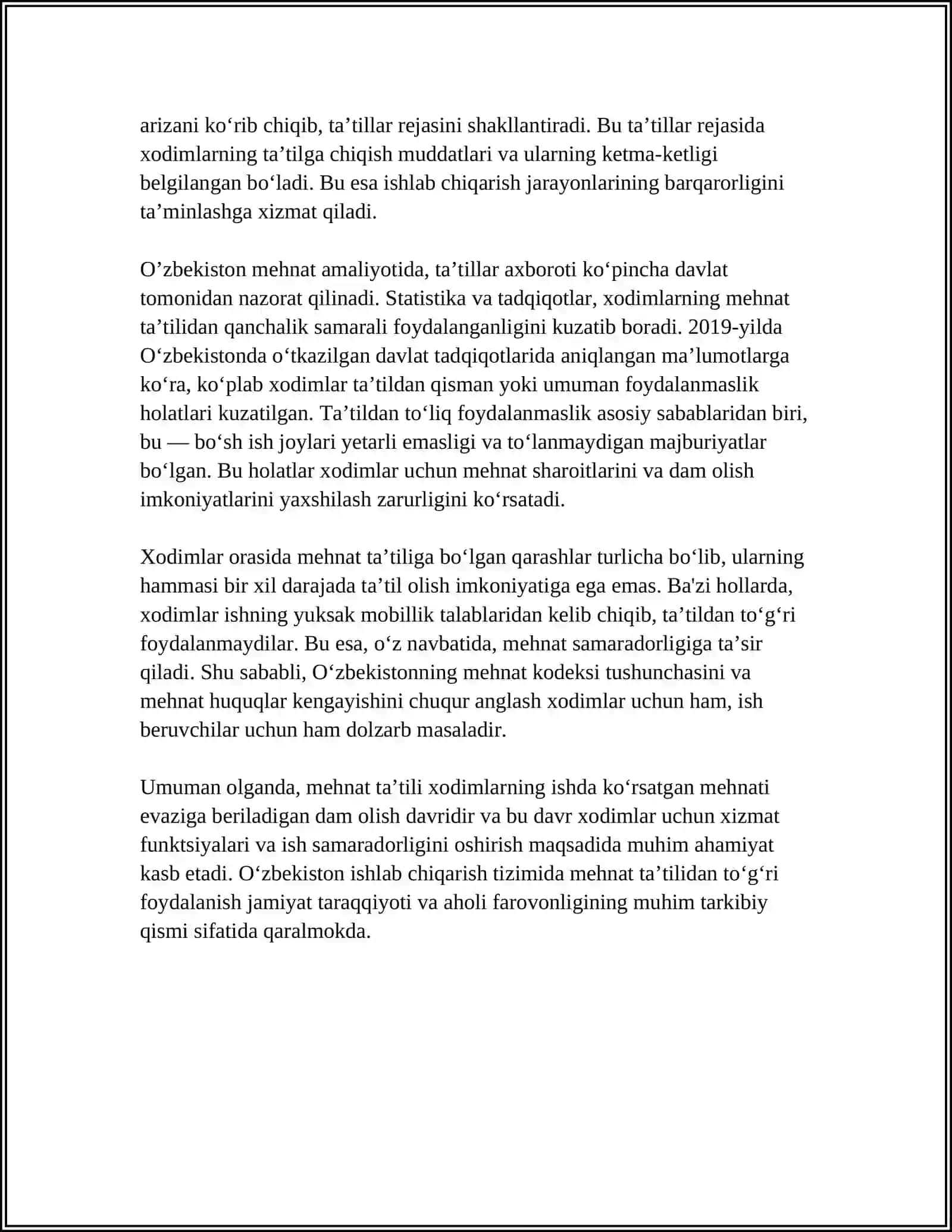 MEHNAT TA’TILI, XIZMAT SAFARI VA VAQTINCHA MEHNATGA QOBILIYATSIZLIGI BO‘YICHA NAFAQA PULINI HISOBLASH 4