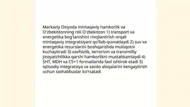 O'zbekiston Xalqaro aloqalari va jahon hamjamiyatidagi o'rni 4
