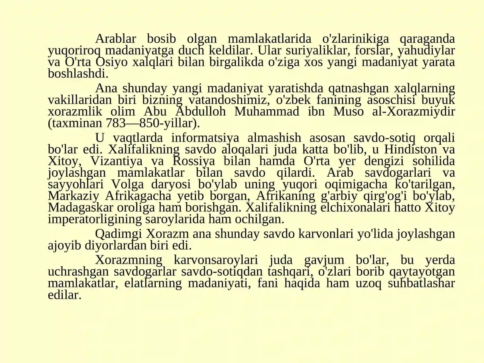 XI-XV asrlarda yashab ijod etgan O‘rta Osiyolik olimlar hayoti va ijodi. O‘nli kasrlarni kiritilishi. Samarqand ilmiy markazi:Al Xorazmiy, Abu Rayhon Beruniy, Ibn Sino,Ulug‘bek, Koshiy, Ali-Qushchi 4