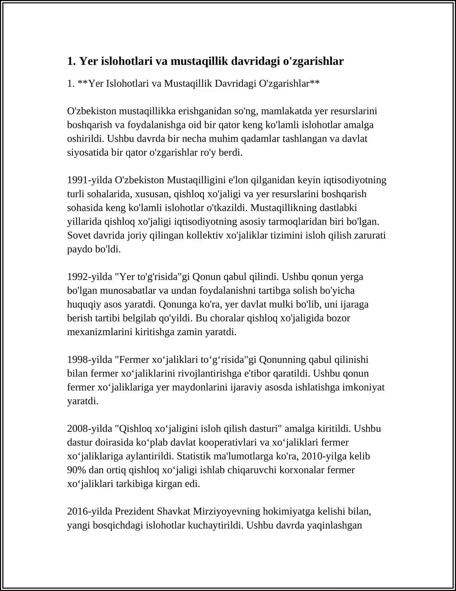 Yer Islohotlari va Mustaqillik Davridagi O'zgarishlar 4