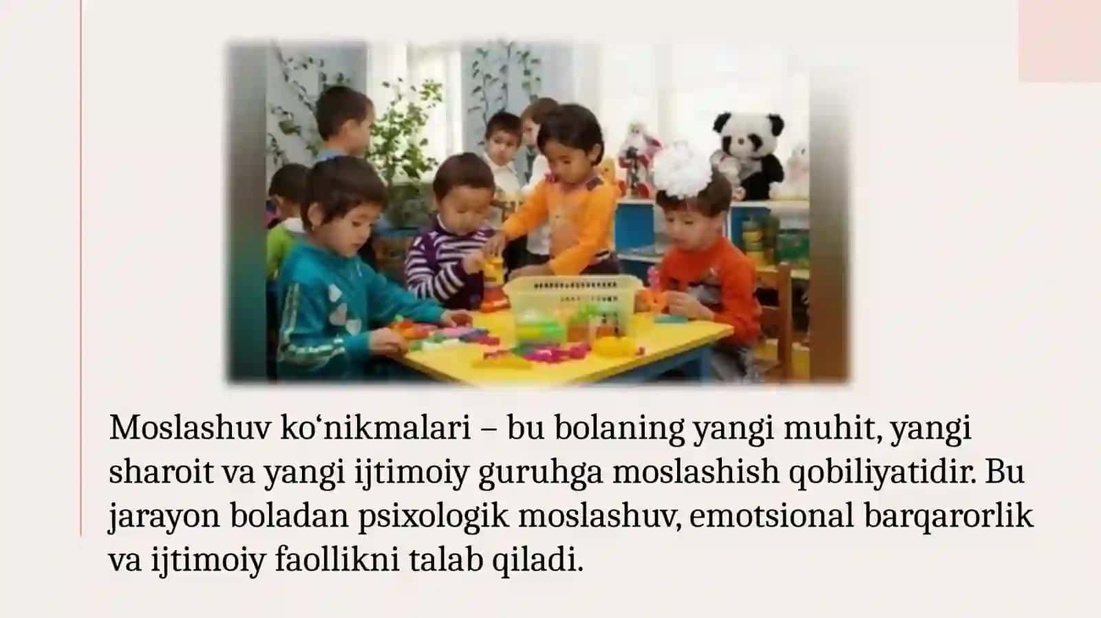 MAKTABAGCHA TA'LIM TASHKILOTLARIDA BOLALARNING MOSLASHUV KO'NIKMALARINI SHAKLLANTIRISH TEXNOLOGIYASI 4