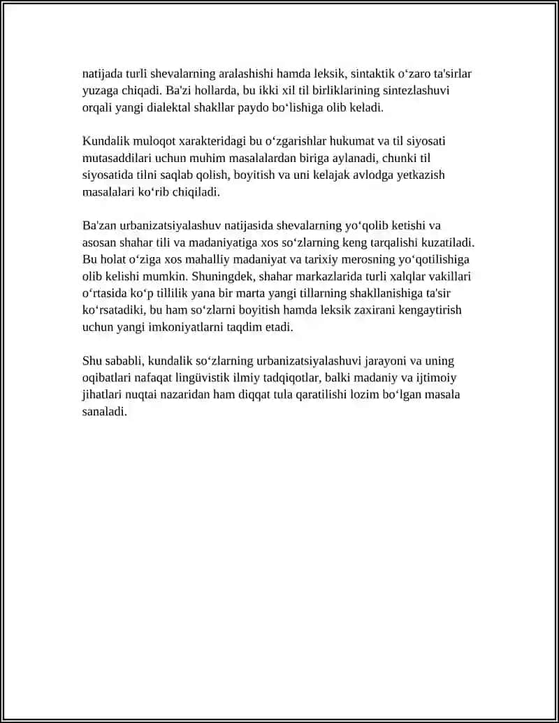 SHEVALARDAGI KUNDALIK MULOQOTDA UCHRAYDIGAN SO'ZLARNING URBANIZOTSIYALASHUVI 4