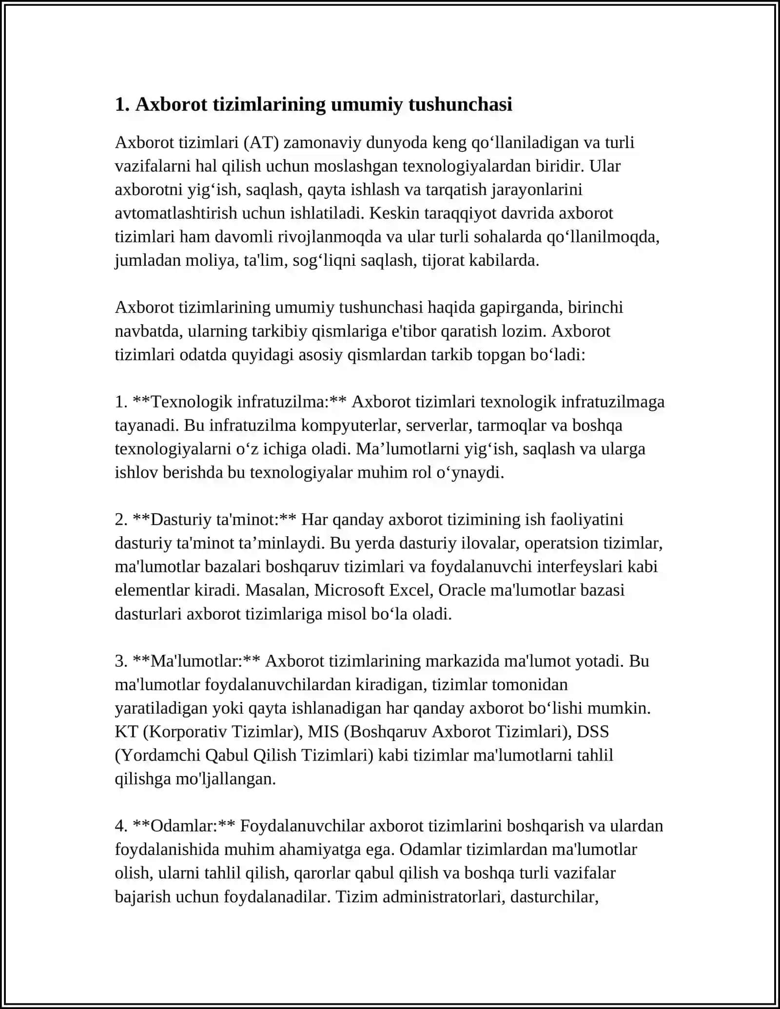 Axborot tizimlarining tushunchasi va iqtisodiyotda foydalanish 4