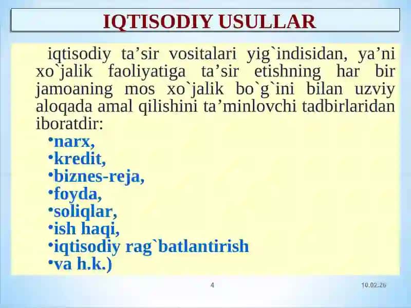 Korxona faoliyatini boshqarish asoslari(2 soat) 4