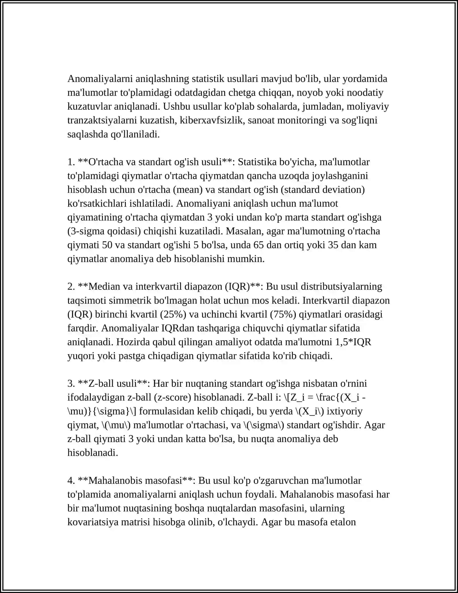 KATTA MA'LUMOTLAR TO'PLAMLARIDA CHET ELLIKLARNI (ANOMALIYALARNI) ANIQLASH USULLARINI O‘RGANISH 4
