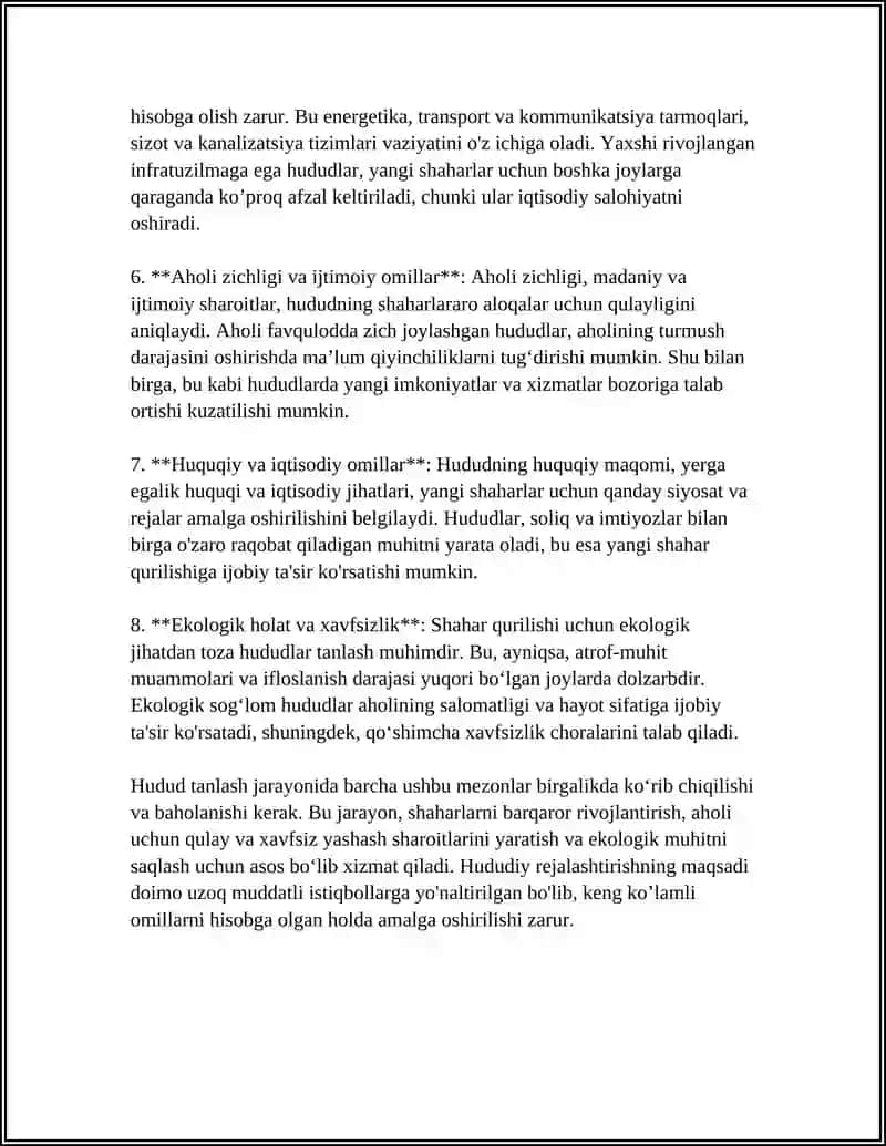 HUDUD TANLASH MEZONLARI VA SHAHAR QURILISHI UCHUN OPTIMAL JOYNI ANIQLASH 4
