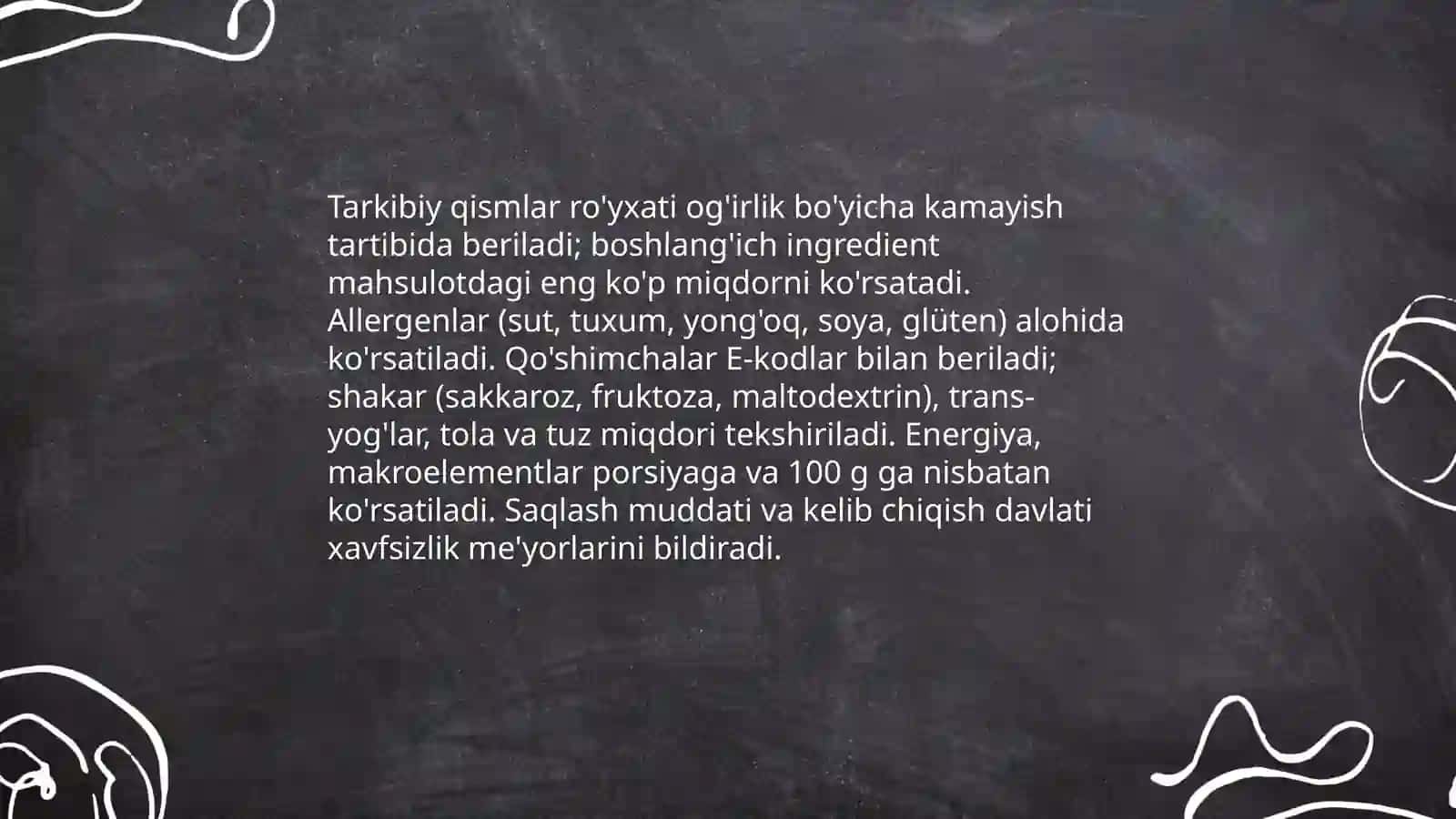 Oziq-ovqat mahsulotlarining tarkibi,foydali va zararli xususiyatlarini yorliqlari orqali organish 4