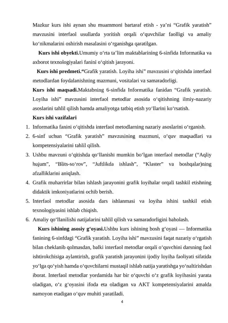 Umumiy o`rta ta`lim maktablarining 6-sinfida Informatika va AT fanidan “Grafik yaratish. Loyiha ishi” 4