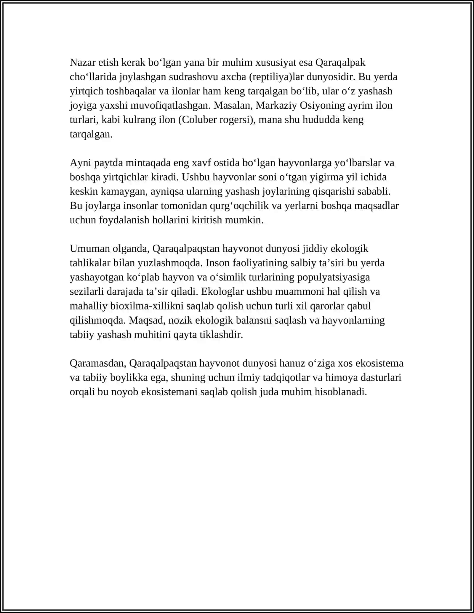 METAFORA. QARAQALPAQSTANIŃ HAYWANAT DÚNYASI HAQQINDA SHIǴARMA JAZIW 4