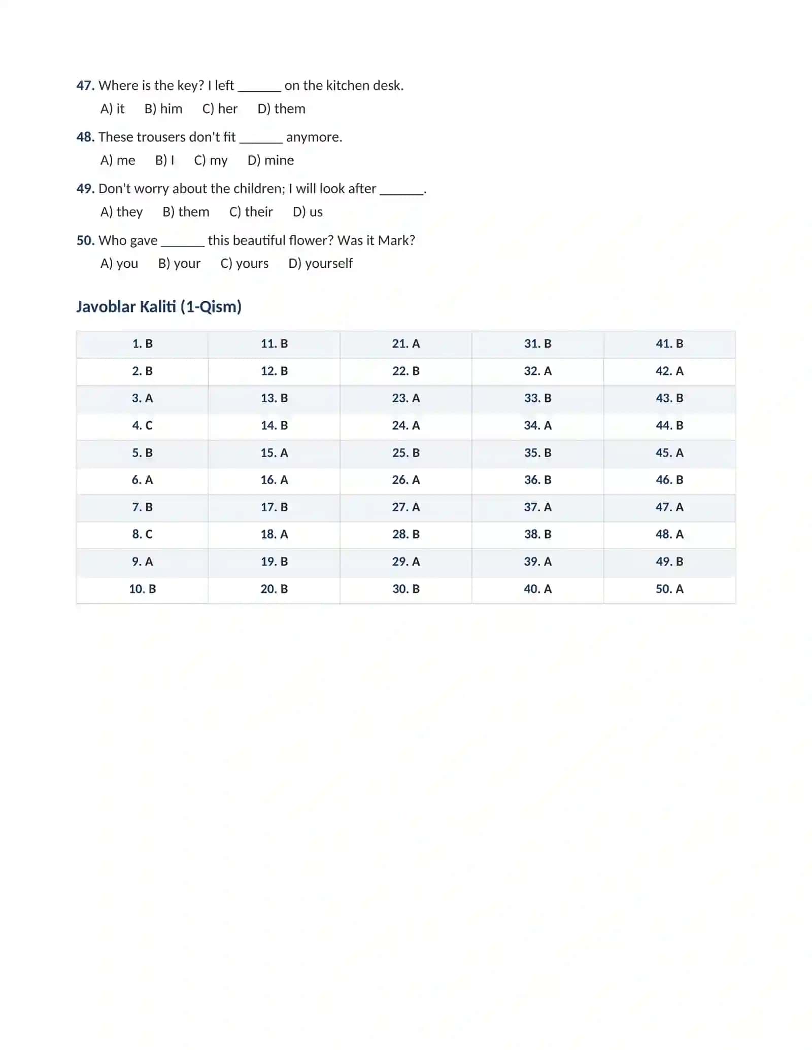 INGLIZ TILI GRAMMATIKASI: OBJECT PRONOUNS (TO'LDIRUVCHI  OLMOSHLAR) 100 talik test oxirida javoblari bilan 4