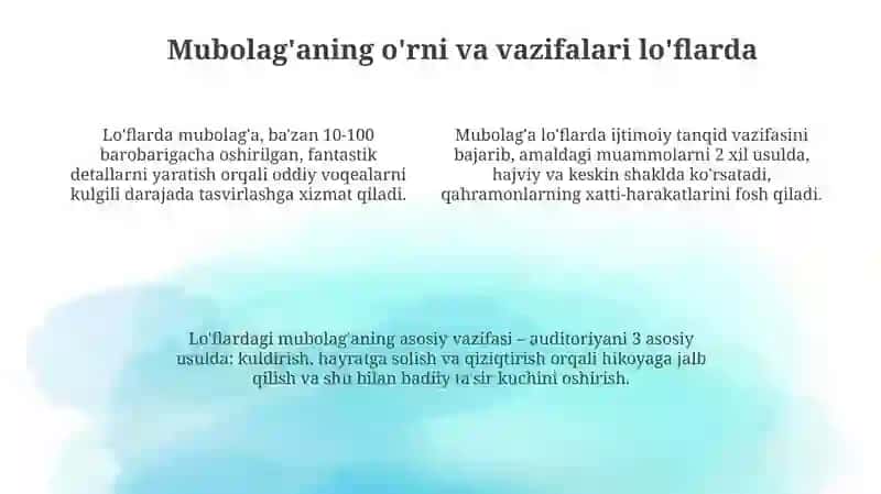 Loflar xalq og'zaki ijodidagi mubolag'a san'ati qo'llanuvchi janr sifatida 4