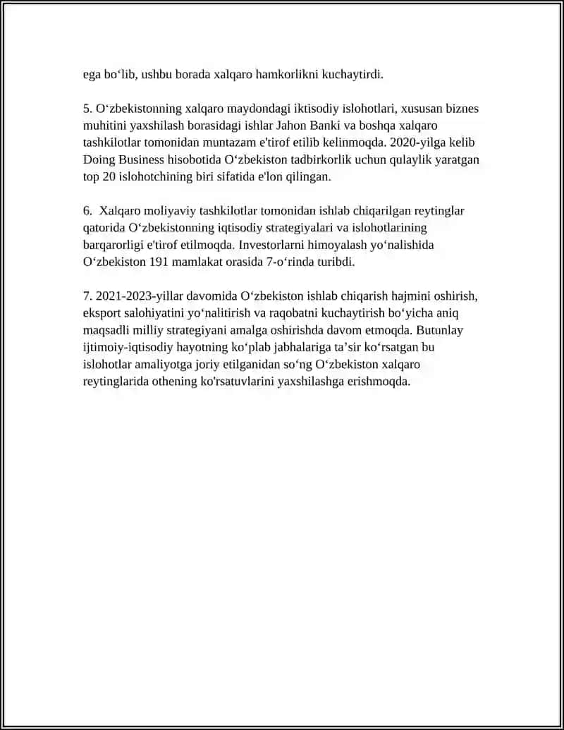YANGI OʻZBEKISTON IJTIMOIY-SIYOSIY IQTISODIY VA MADANIY HAYOTIDA ROʻY BERAYOTGAN OʻZGARISHLARNING XALQARO REYTING VA INDEKSLARDA AKS ETISHI 4