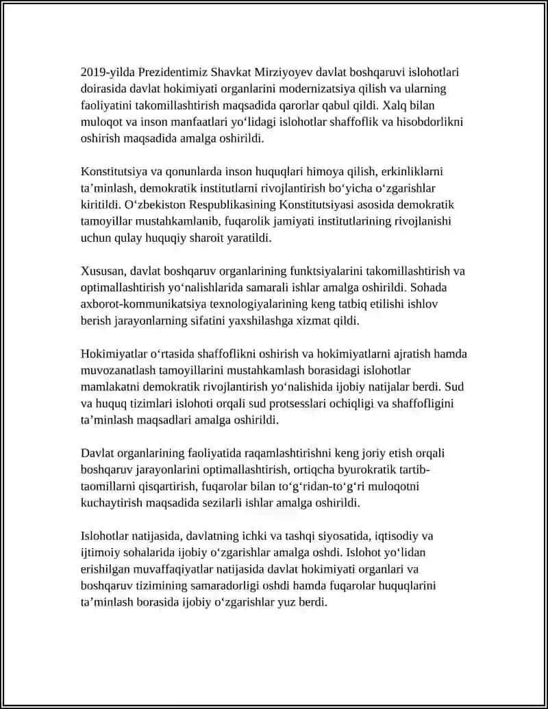MUSTAQILLIK YILLARIDA DAVLAT BOSHQARUV TIZIMIDA AMALGA OSHIRILGAN ISLOHOTLAR 4