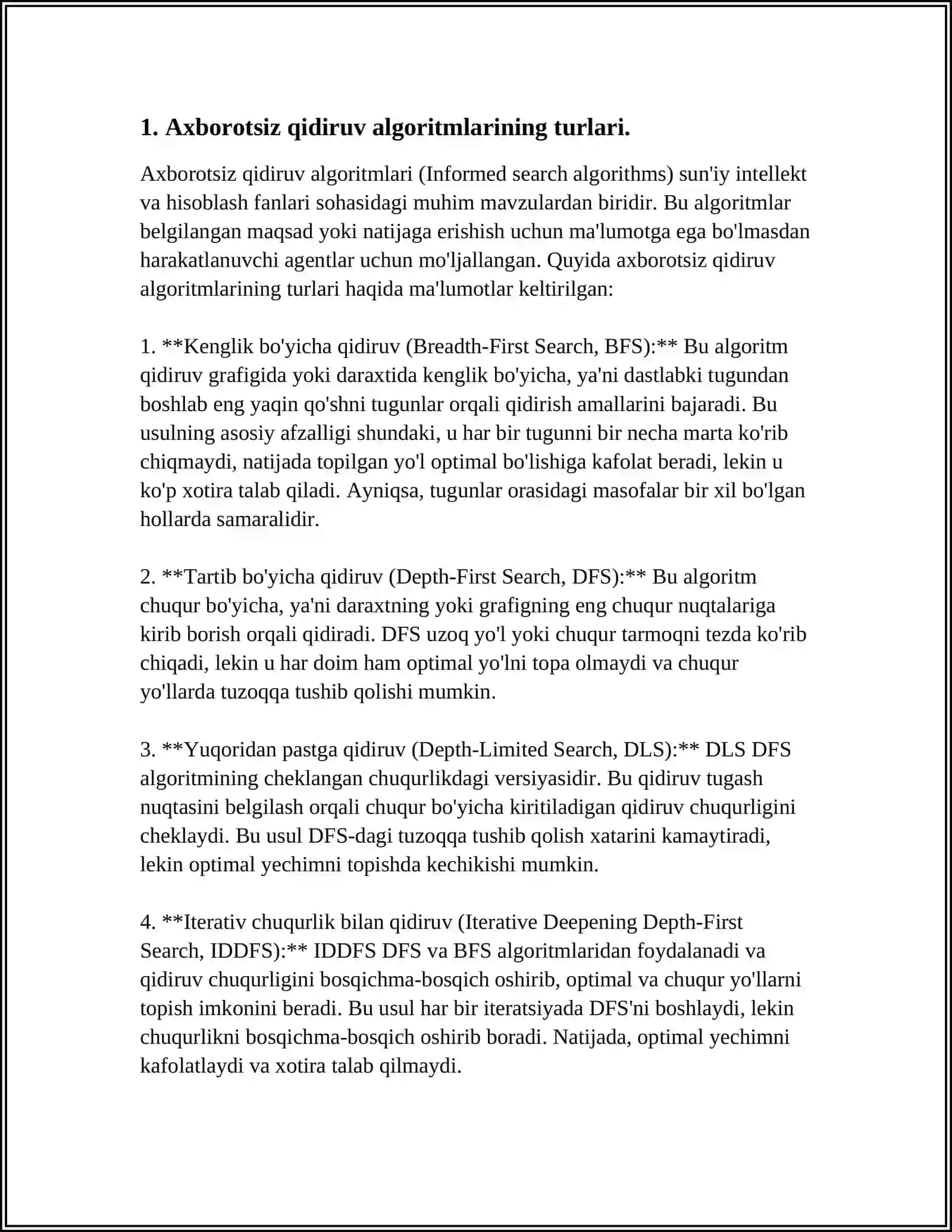 SUN’IY INTELLEKTDA AXBOROTSIZ VA AXBORATLI QIDIRUV ALGORITMLARINI ISHLAB CHIQISH 4