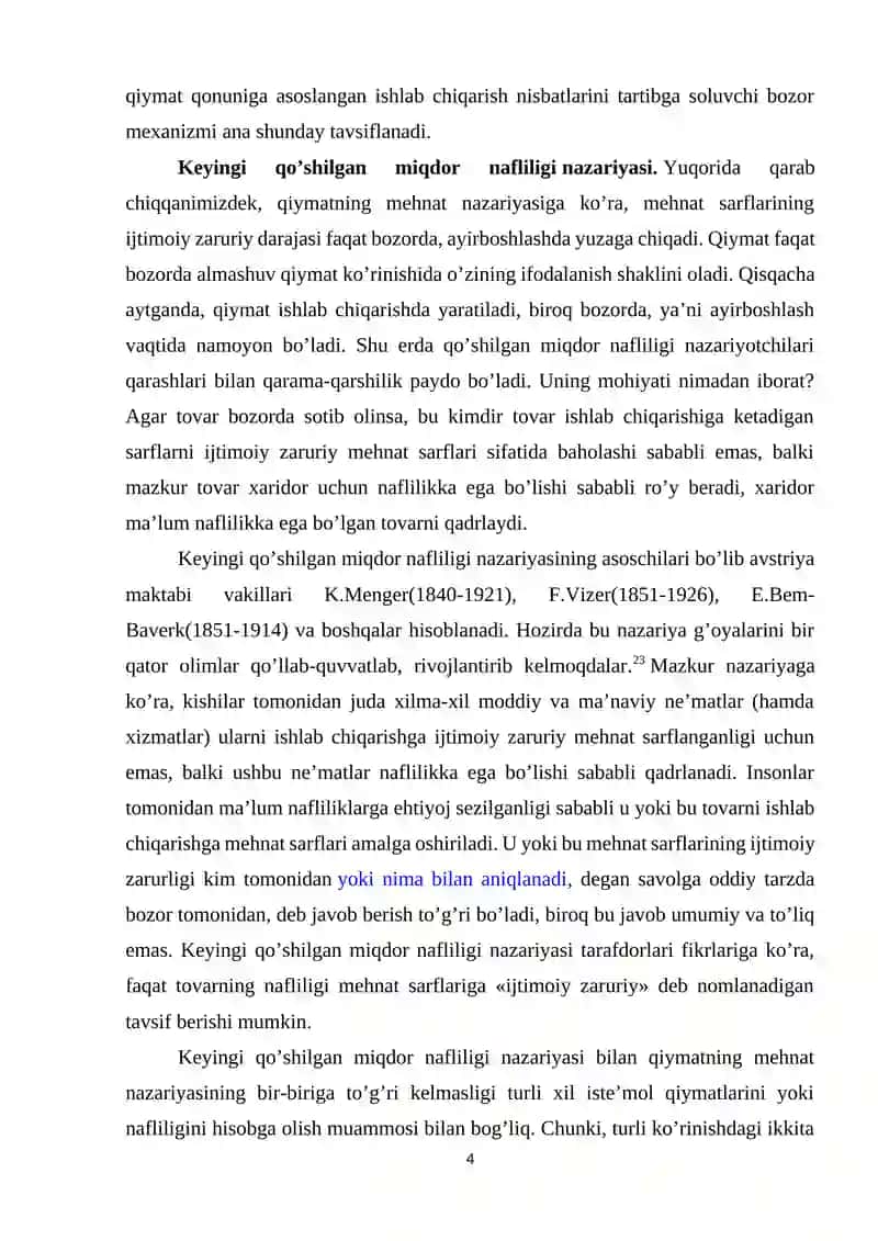 Qiymatning mehnat nazariyasi va keyingi qo’shilgan miqdor nafliligi nazariyasi 4