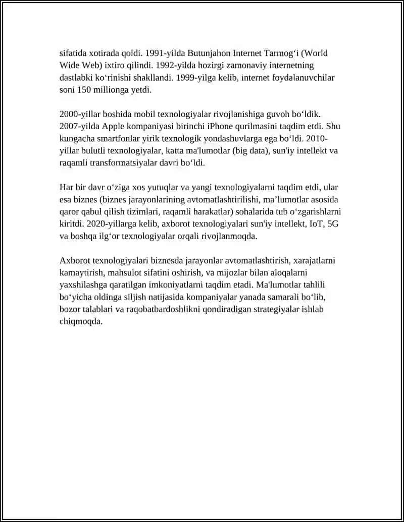 BIZNESDA AXBOROT TEXNOLOGIYALARI: RIVOJLANISH BOSQICHLARI, VOSITALARI VA XAVFSIZLIK 4