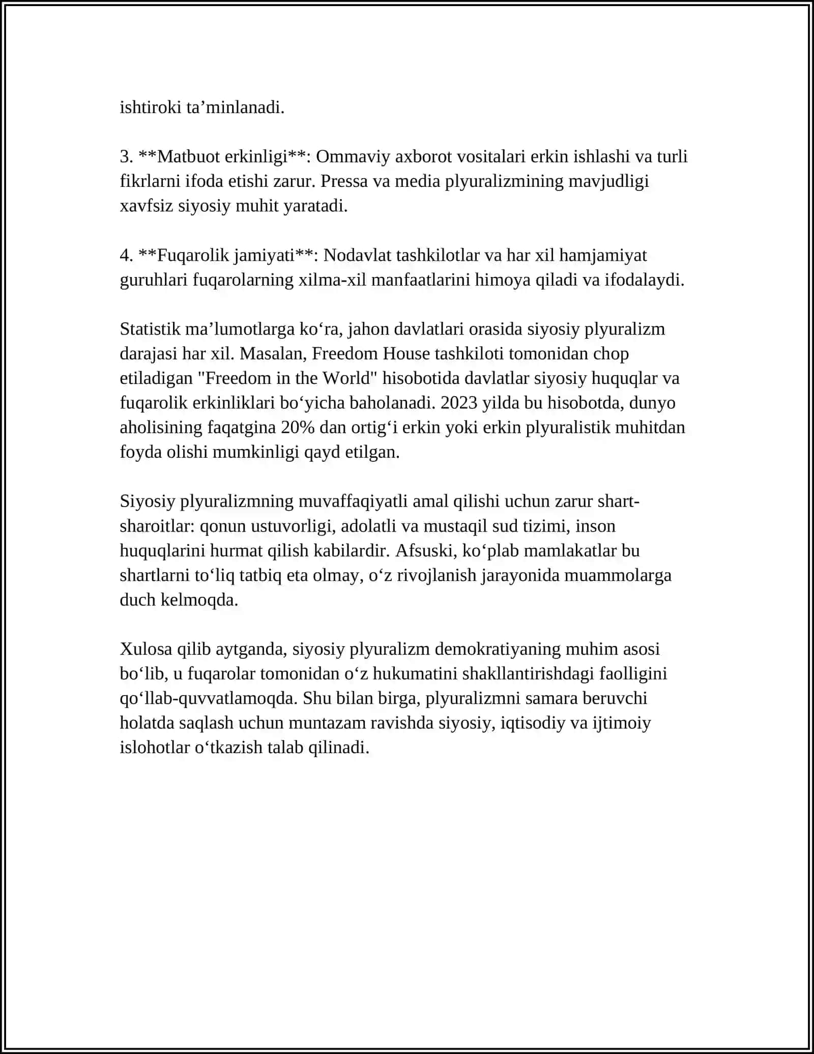 SIYOSIY VA MAFKURAVIY XILMA-XILLIK -DEMOKRATIYA SHARTI 4