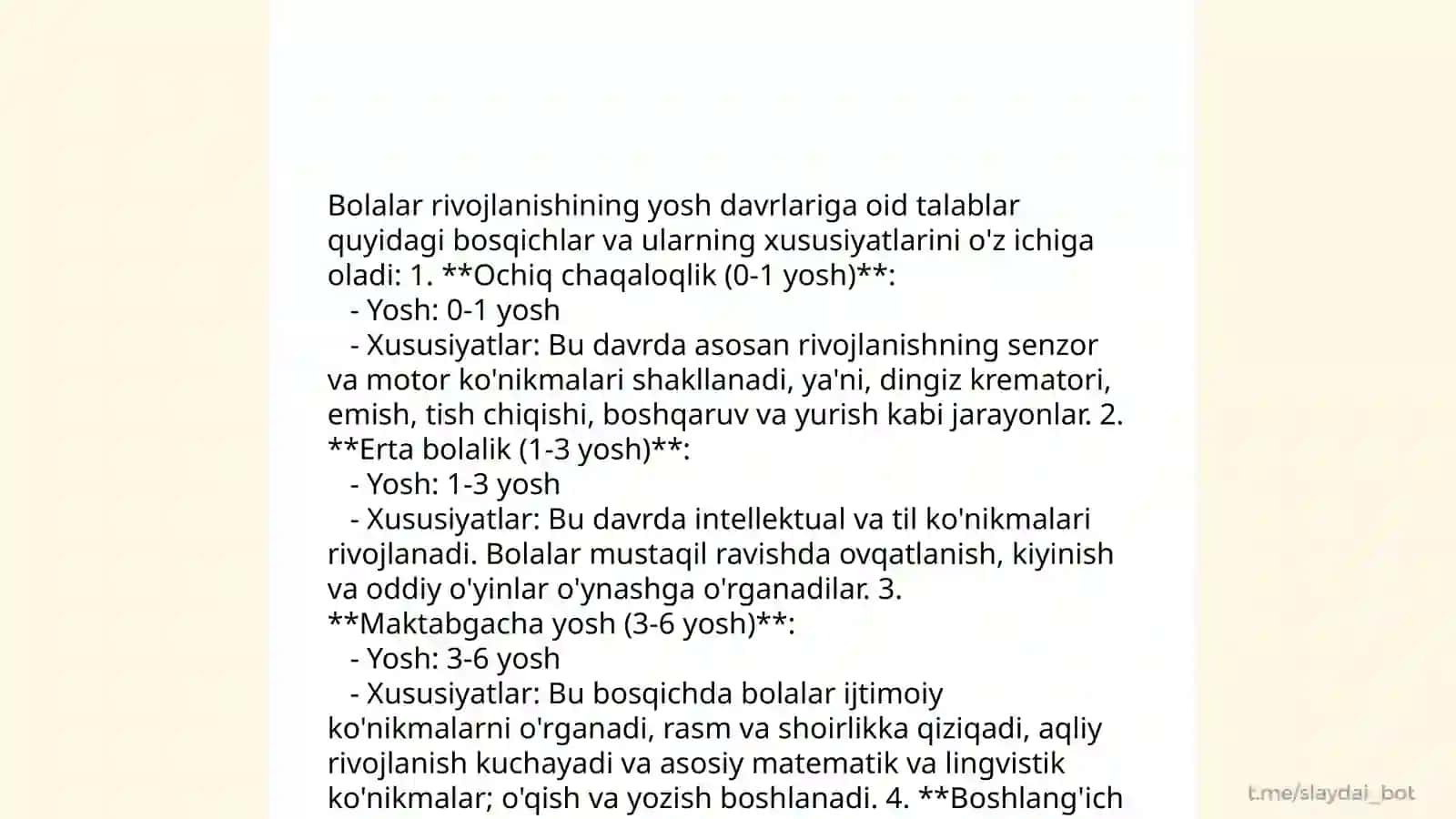 Bolalar rivojlanishining yosh davrlariga oid talablar 4