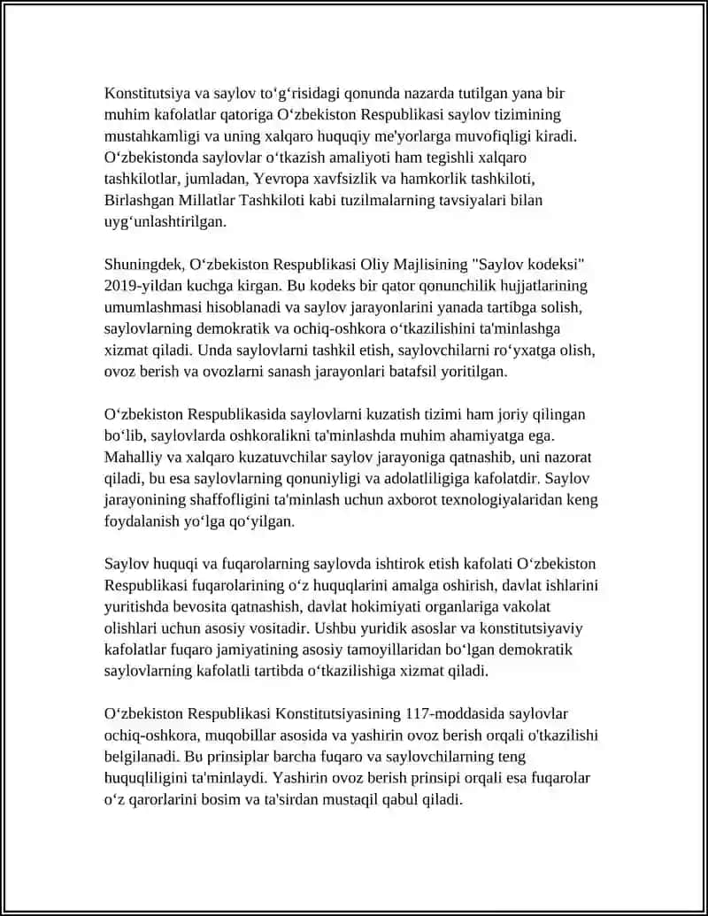 O'ZBEKISTON RESPUBLIKASIDA ERKIN SAYLOVLARNI AMALGA OSHIRISH PRINSIPLARI 4
