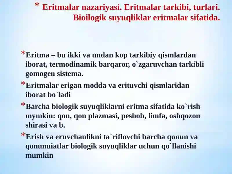 Eritmalar. Eritmalarning kolligativ hossalari. Eruvchanlik. Eritmalar konsentartsiyalari 4