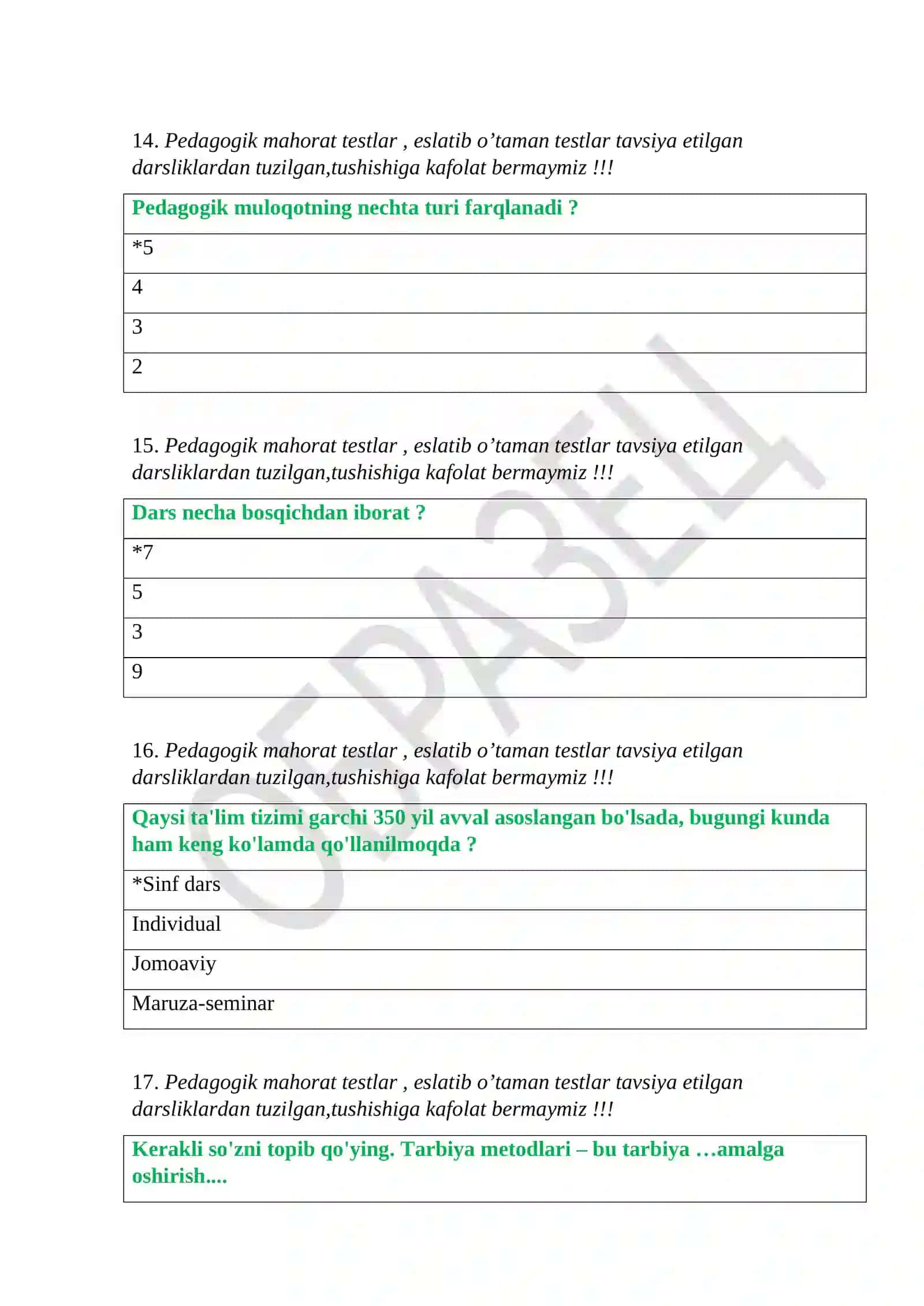 Pedagogik mahorat testlar 4
