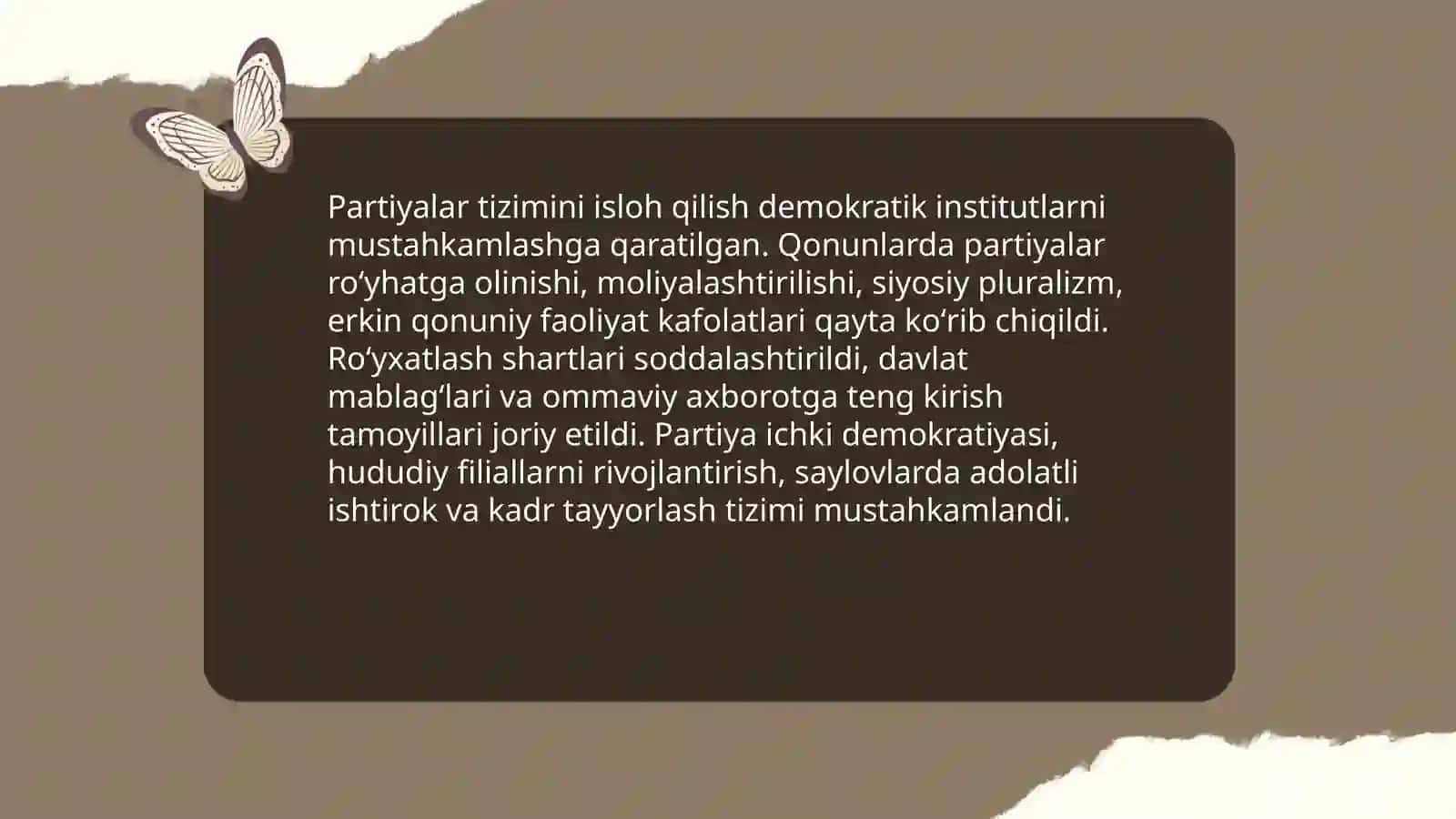 Oʻzbekistonda demokratik fuqarolik jamiyati asoslarining shakllanishi, amalga oshirilgan siyosiy islohotlar 4