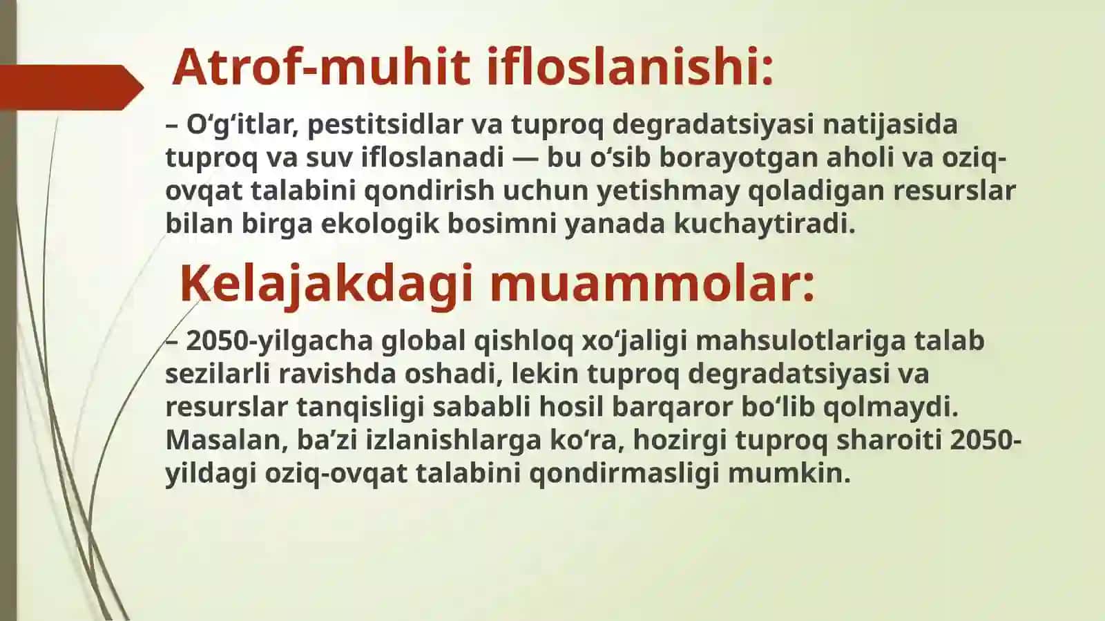 Sayyoramiz kelajak ekologik holatini aholi soni qishloq xo’jaligi ishlab chiqarish tabbiy resurslar va atrof muhit ifloslanishi 4