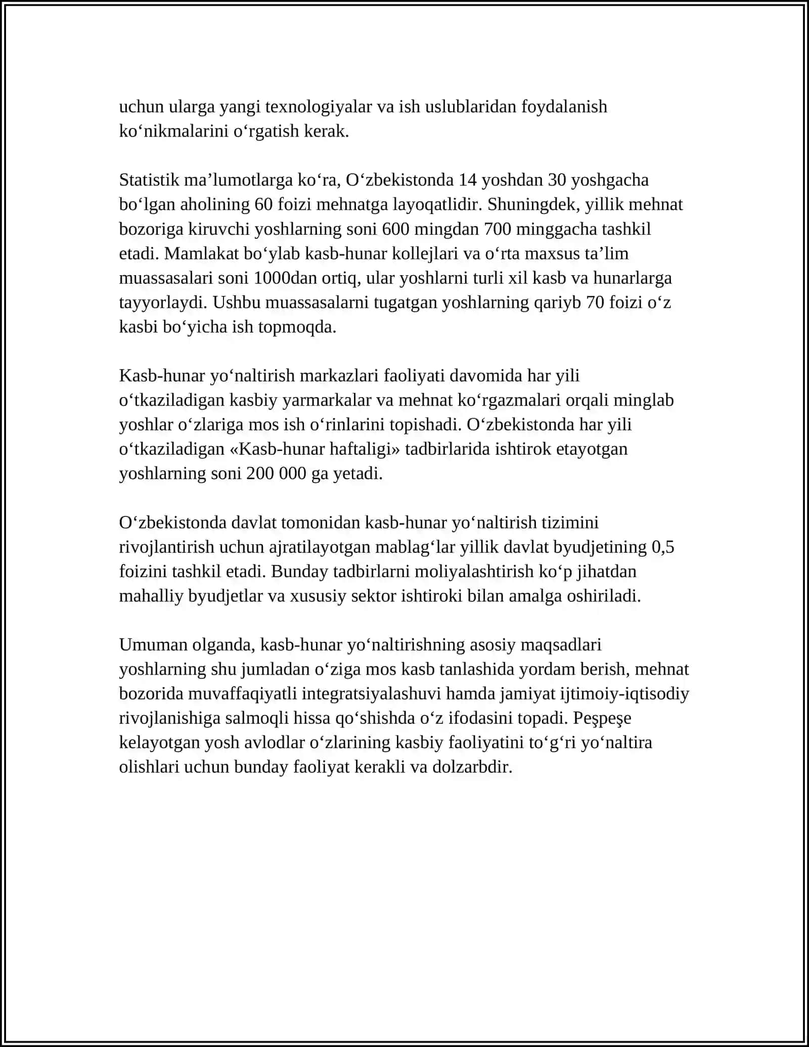 KASB-HUNARGA YO‘NALTIRISH FANINING MAQSAD VA VAZIFALARI NIMALARDAN IBORAT 4