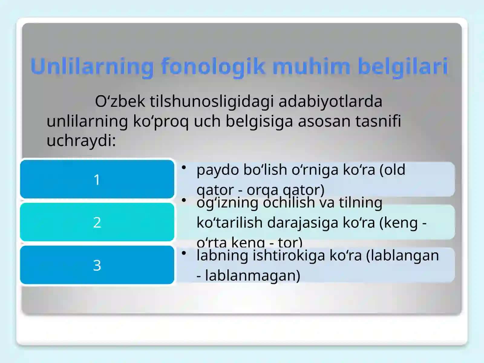 O’ZBEK TILSHUNOSLIGIDA UNLI FONEMALAR TAVSIFI 4