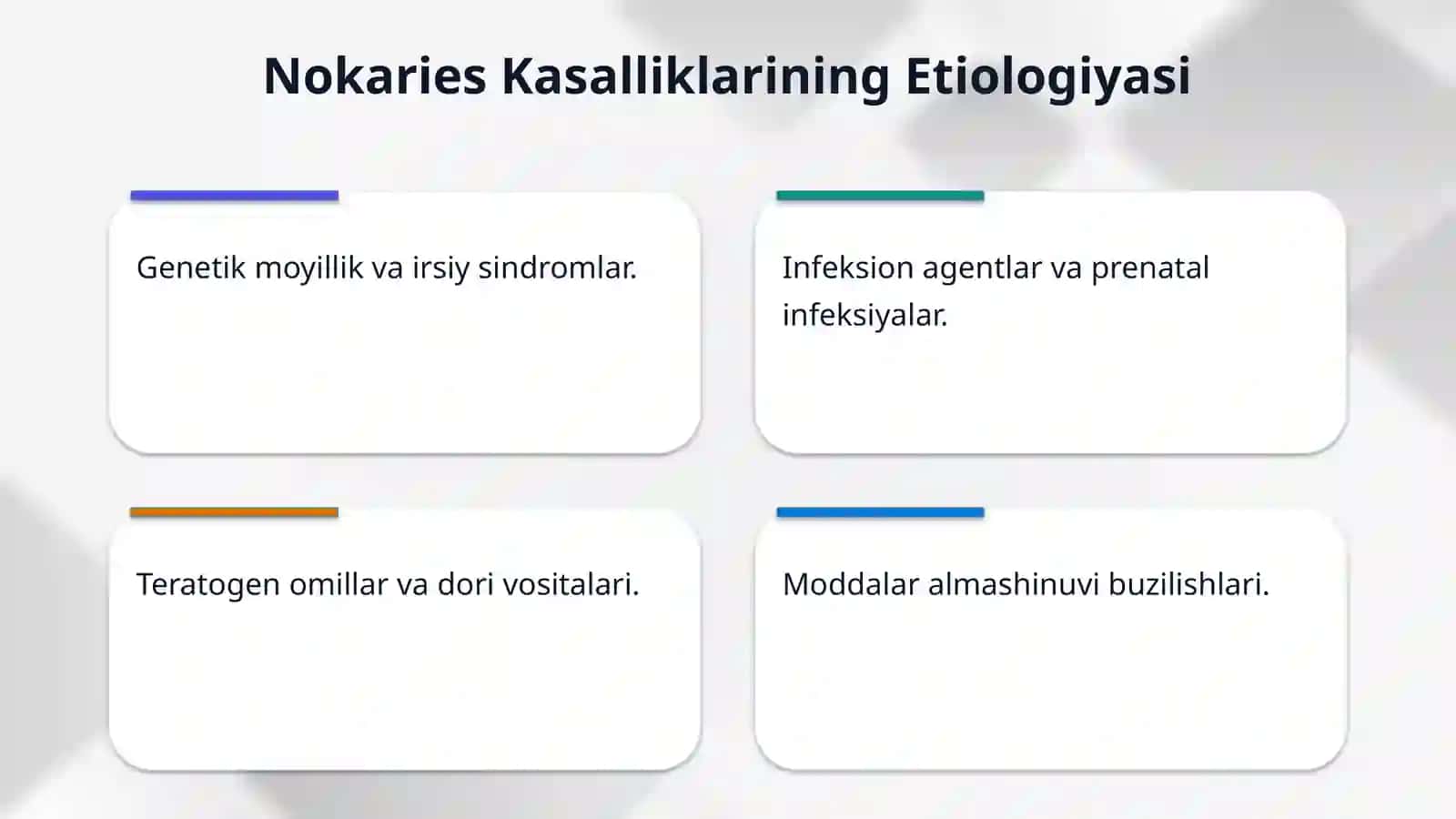 Tish chiqqunga qadar paydo boʻladigan nokaries kasalliklar. Etiologiya, patogenez va klinikasi. Tashxislash qiyosiy tashxislash va oldini olish 4