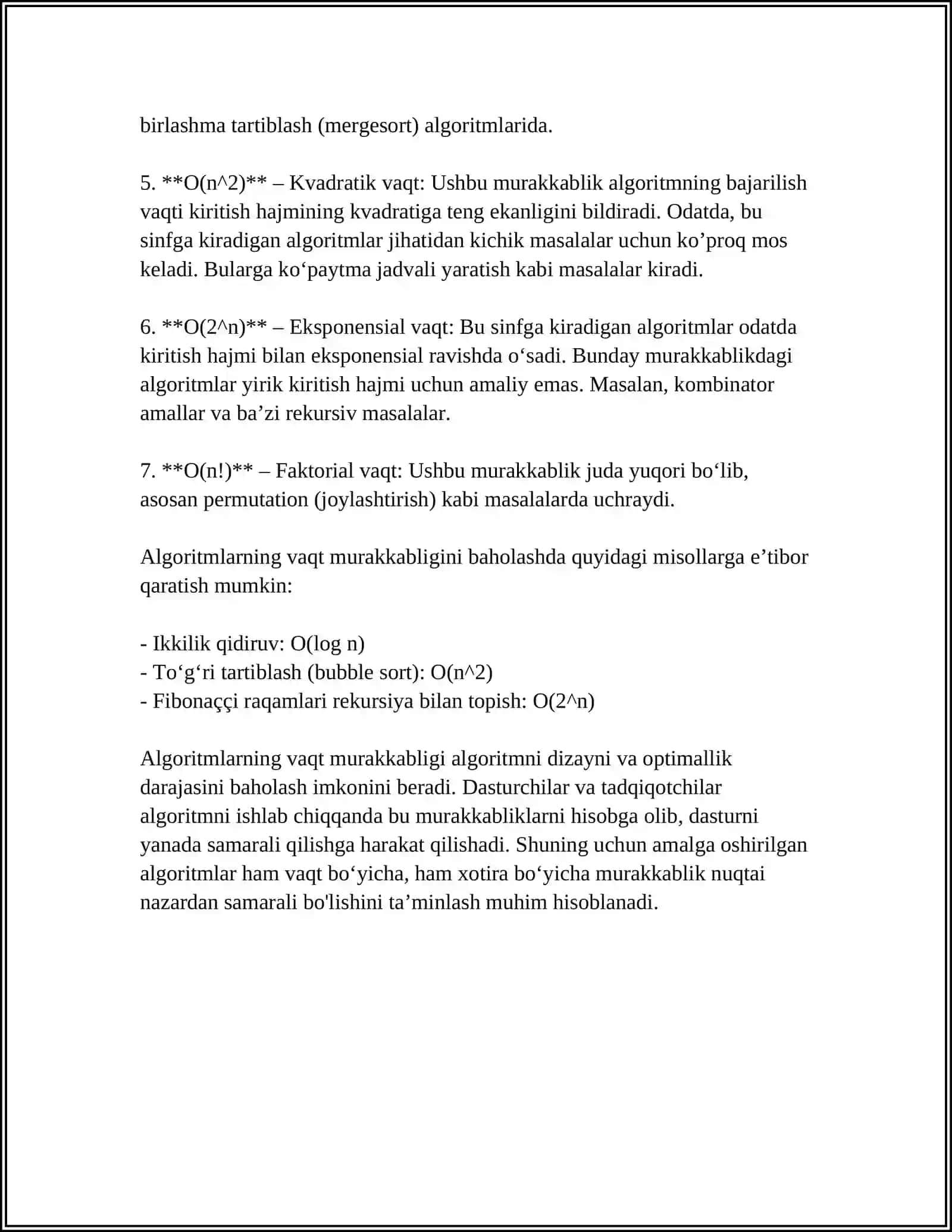 ALGORITMNING VAQT (T) BO‘YICHA MURAKKABLIKLARI: CHIZIQLI, POLINOMIAL (KO‘PHADLI), EKSPONENSIAL, SUPERPOLINOMIAL VA FAKTORIALLI KO‘RINISHLARI 4