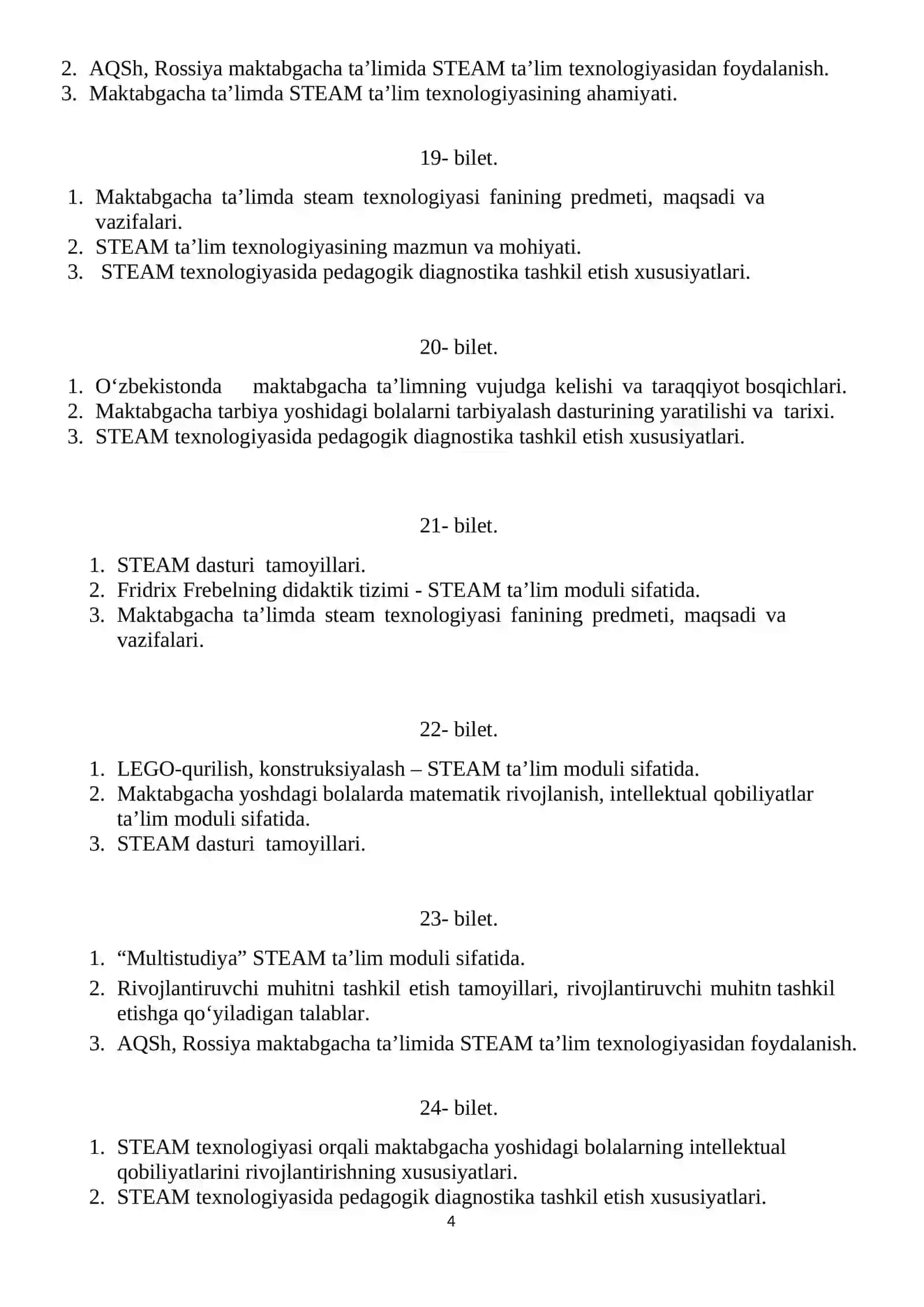 Maktabgacha ta’limda STEAM texnologiyasi fanidan yakuniy nazorat savollari 4
