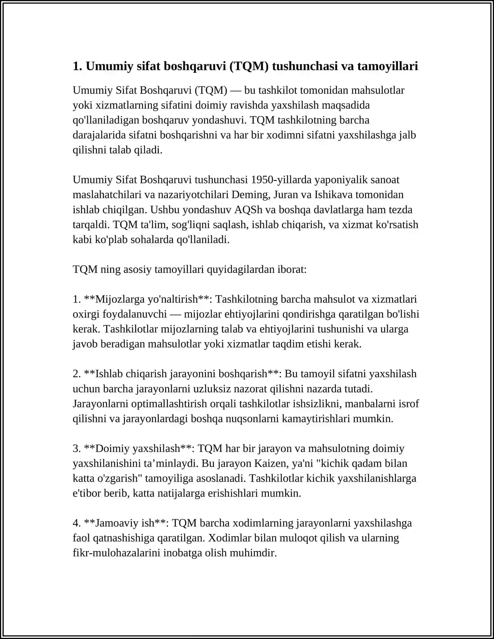 TQM (UMUMIY SIFAT BOSHQARUVI). ERP TIZIMLARI (ENTERPRISE RESOURCE PLANNING) 4
