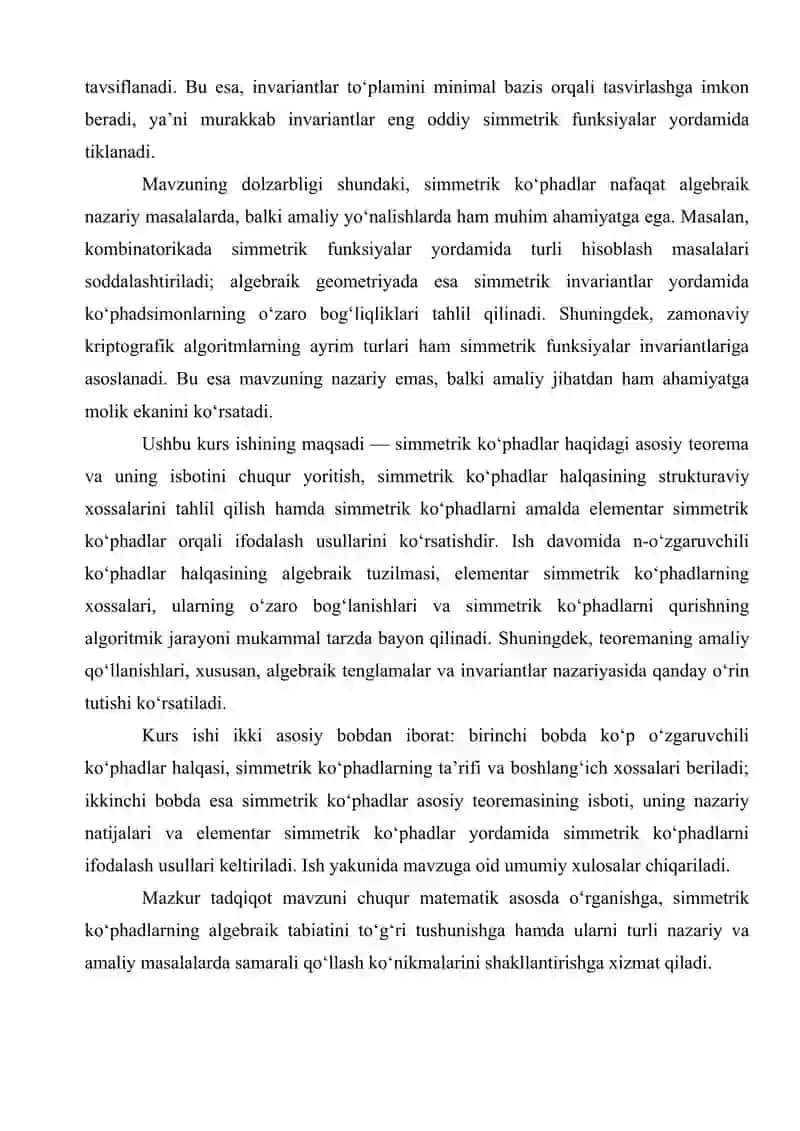 n-oʻzgaruvchili koʻphadlar halqasining ixtiyoriy simmetrik koʻphadini elementar simmetrik koʻphadlar yordamida ifodalash 4