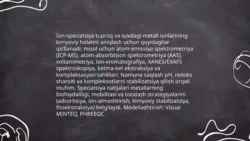 Tuproq va suvning ifloslanishida ion boĝlanishli birikmalarni aniqlab, ulardan tozalash usulini ishlab chiqish 4