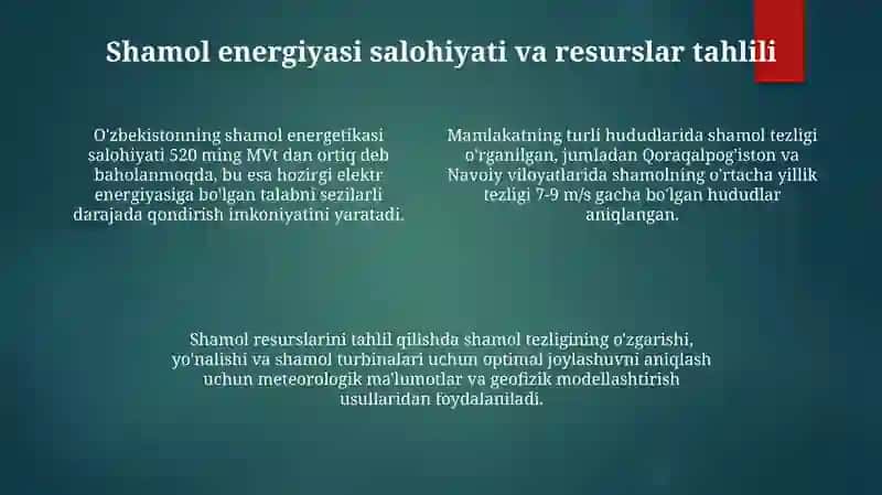 Shamol energetikasining Oʻzbekiston energotizimidagi axamiyati 4