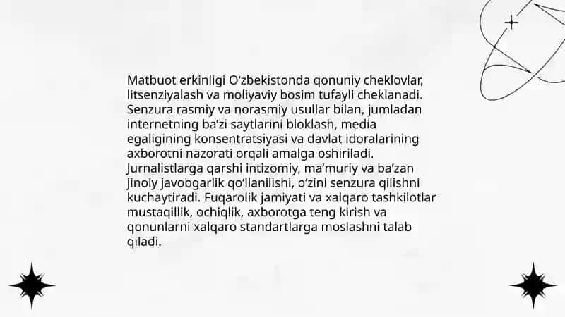 Oʻzbekiston Respublikasida ommaviy axborot vositalari faoliyati (oʻzgarishlar va muammolar) 4