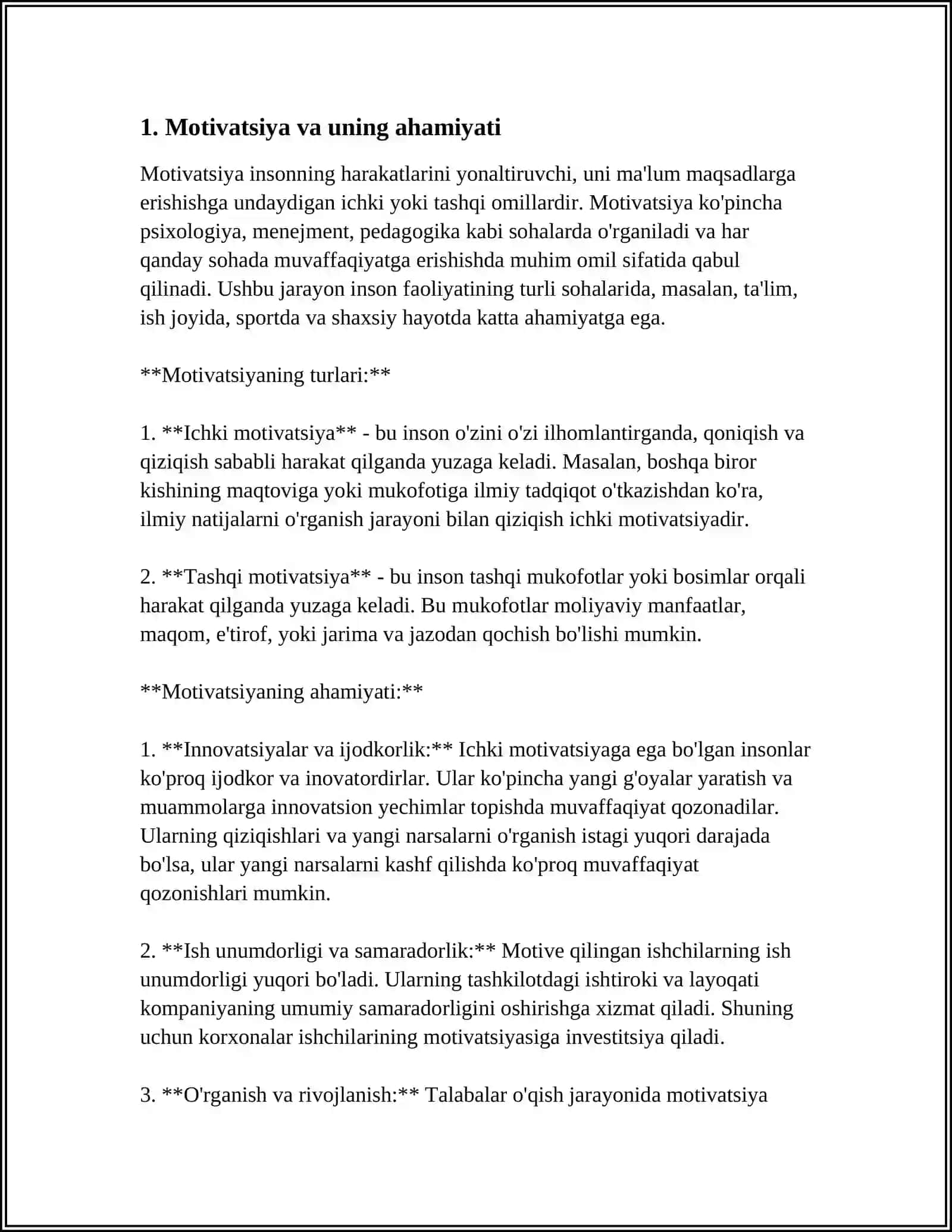 FAOLIYATNING ÒZLASHTIRILISHI VA MALAKALARNI EGALLASH; MOTIV VA MOTIVATSIYA 4