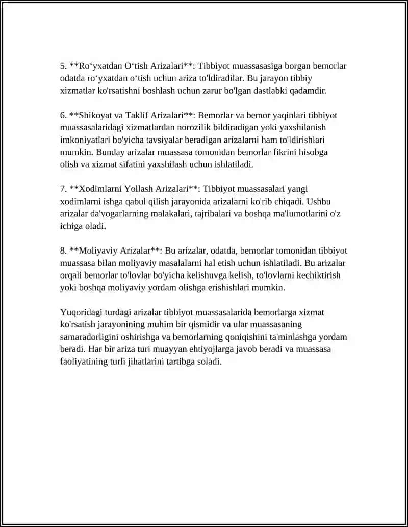 TIBBIYOT SOHASIDAGI MA'MURIY HUJJATLAR( ARIZA, TUSHUNTIRISH XATI, TILXAT) BILAN ISHLASH 4