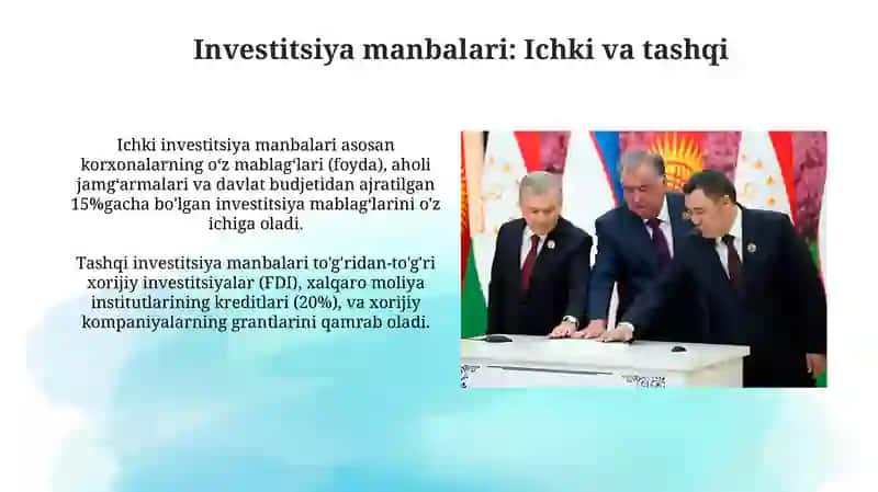 O'zbekistonga kiritilayotgan investitsiyalar va ularning hududiy tarkibi 4