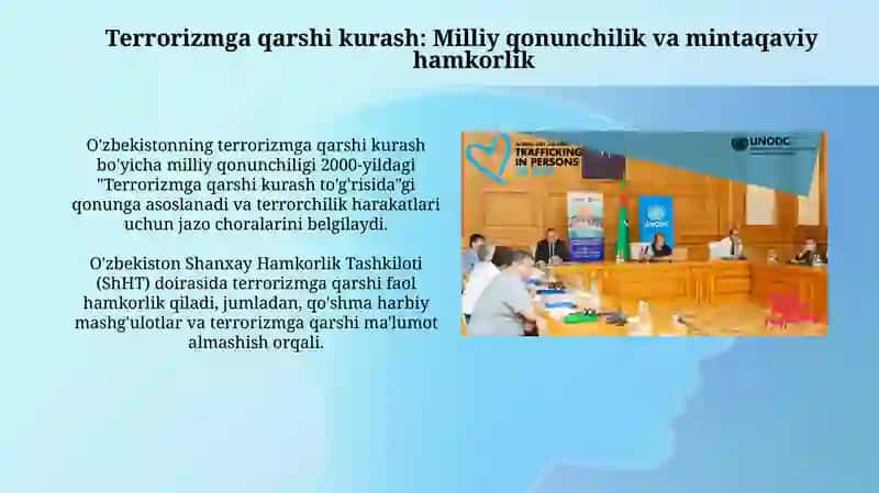 Osiyoda xavfsizlik terrorizm giyohvandlik va odam savdosiga qarshi kurashishda O'zbekiston roli 4